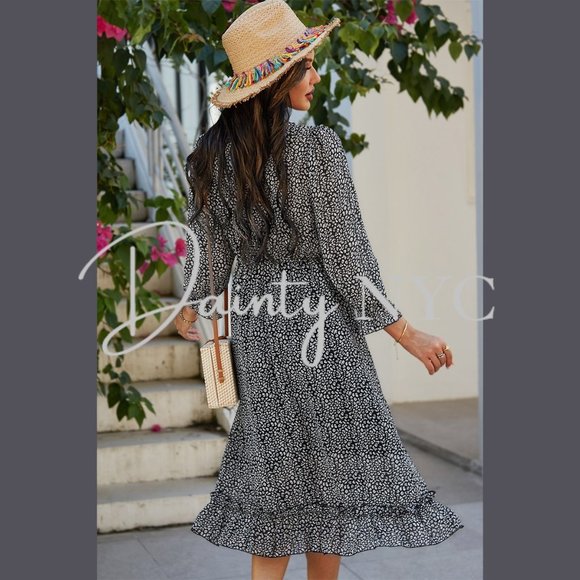 Boho Confetti Ruffle V Neck Bubble Sleeve Dress - Picture 8 of 10